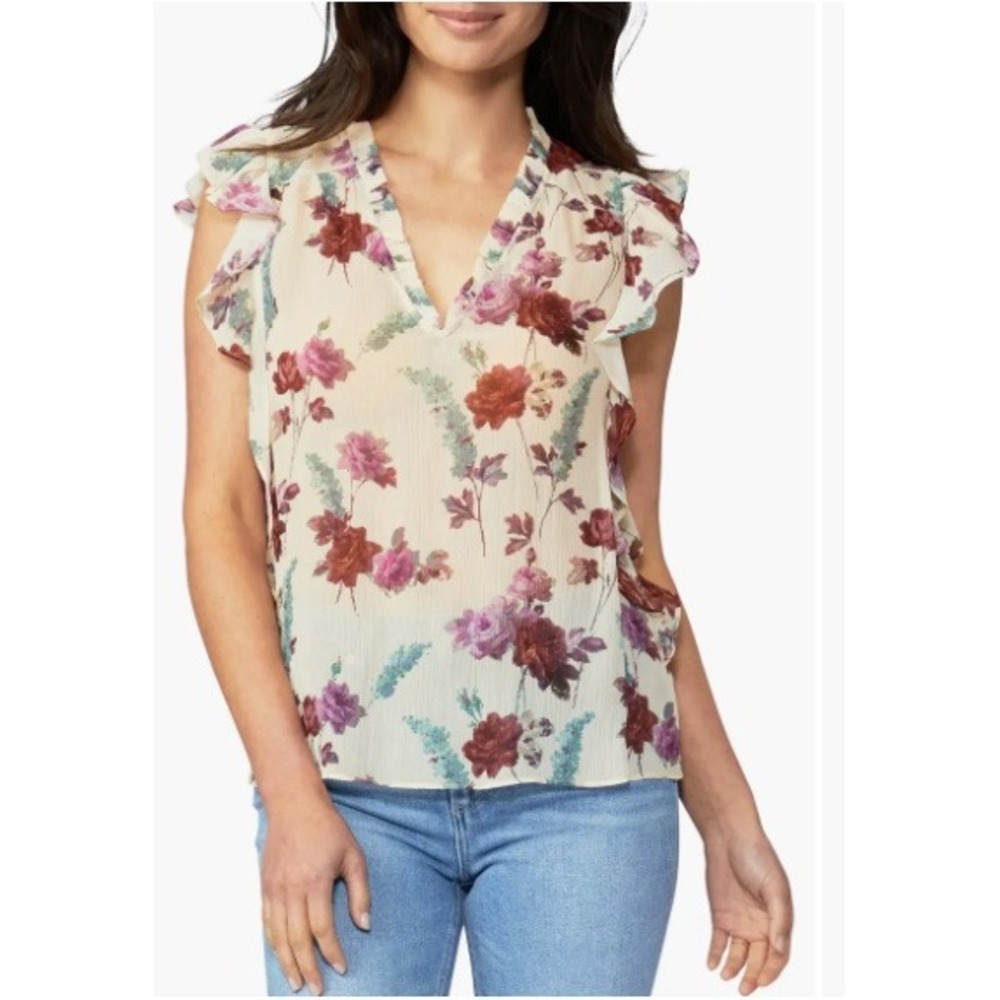 Paige Genie White Floral 100% Silk Chiffon Boho Ruffle Blouse | Size XS